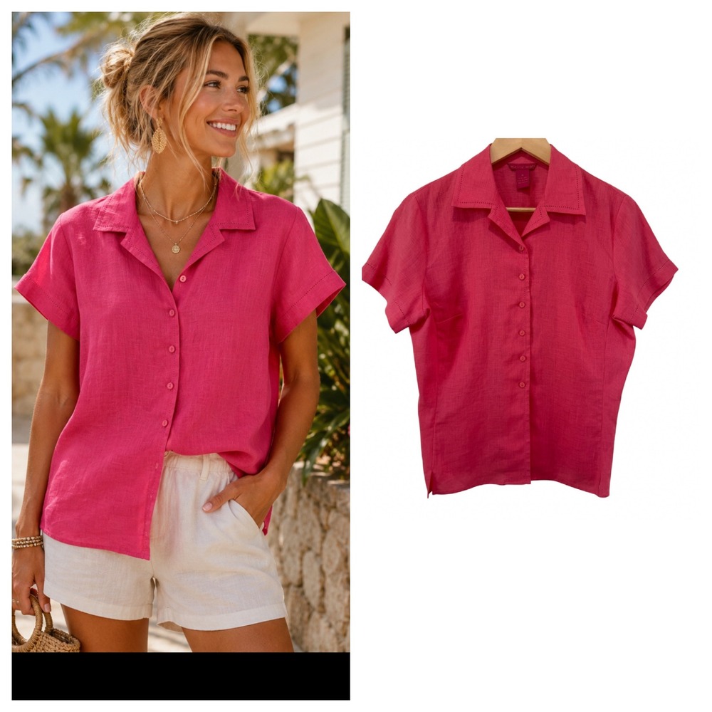 Sunny Leigh 100% Linen Button Up Top Size M Pink Short Sleeve Euro Summer Cruise